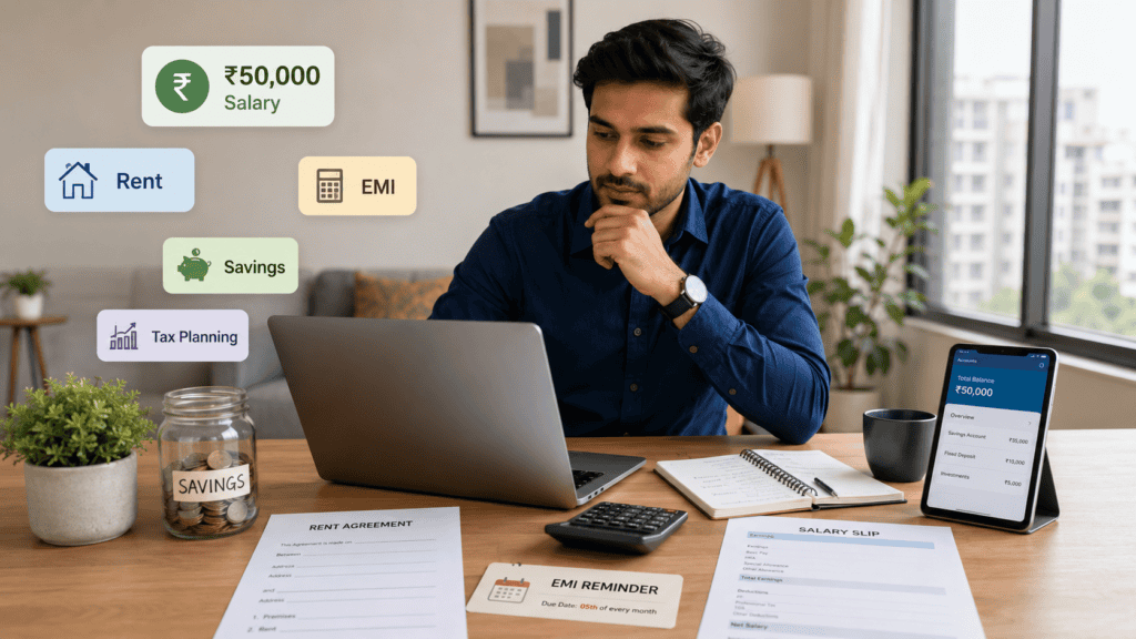 50000 monthly salary budget india rent emi savings tax planning