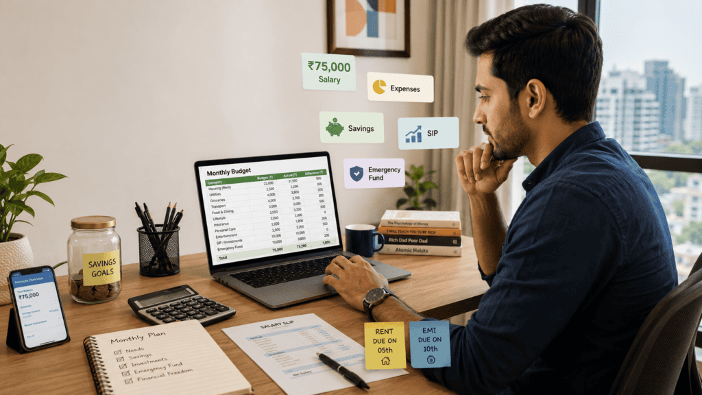 75000 monthly salary budget india savings sip emergency fundwebp
