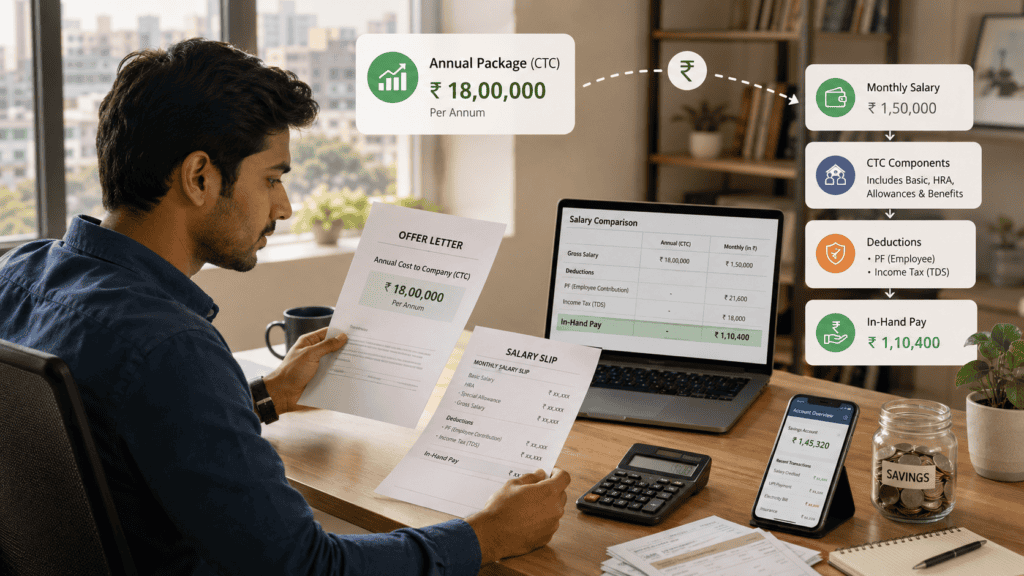 annual package vs monthly salary ctc in hand pay india