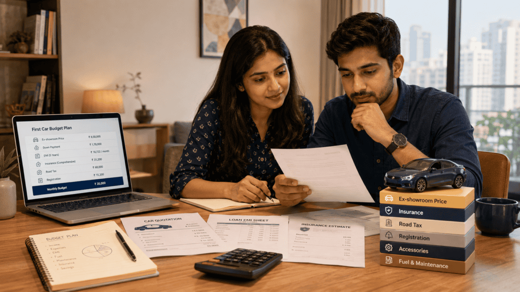 first car cost india emi insurance tax total budgetwebp