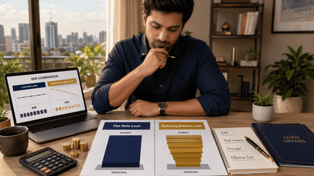 flat interest rate vs reducing balance loan cost comparison india