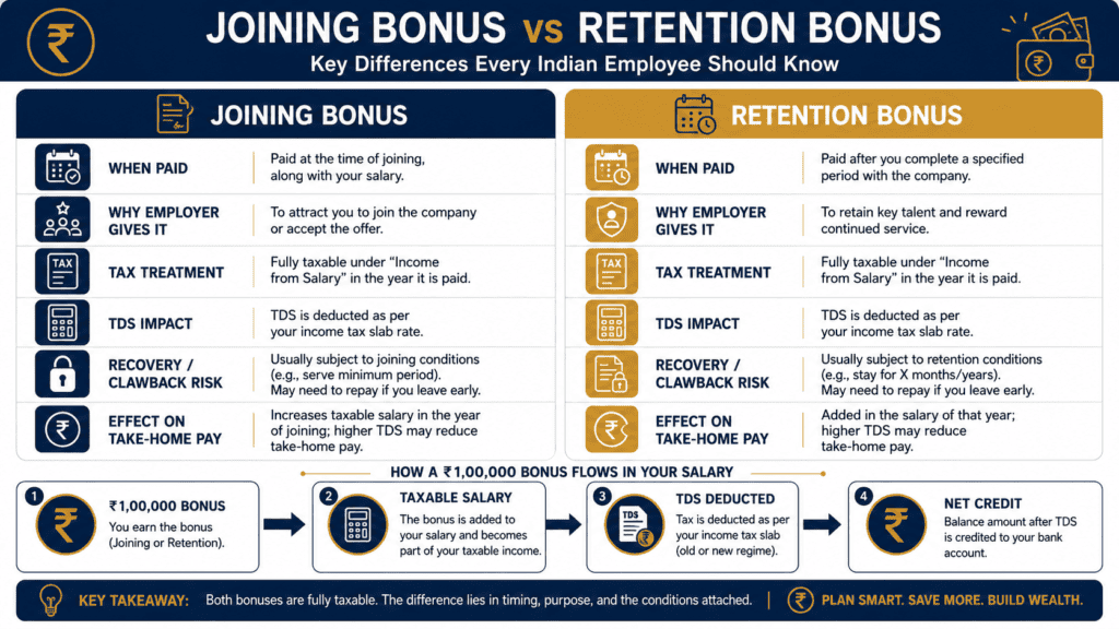 joining bonus vs retention bonus tax salary impact india infographic