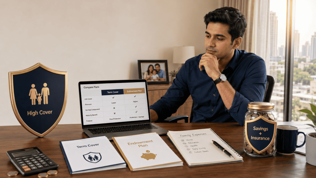 term insurance vs endowment policy family protection india