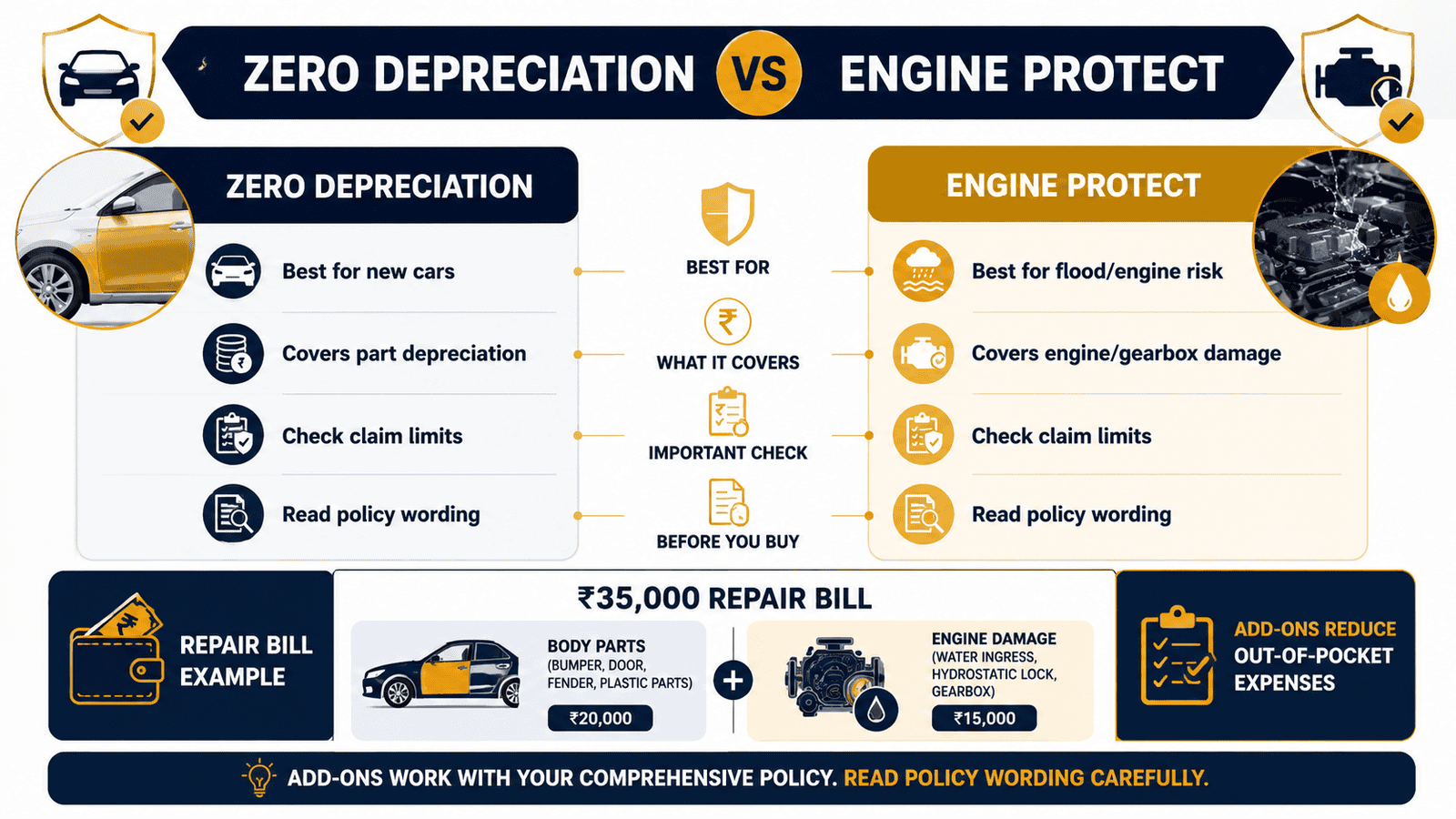 zero depreciation vs engine protect car insurance infographicwebp