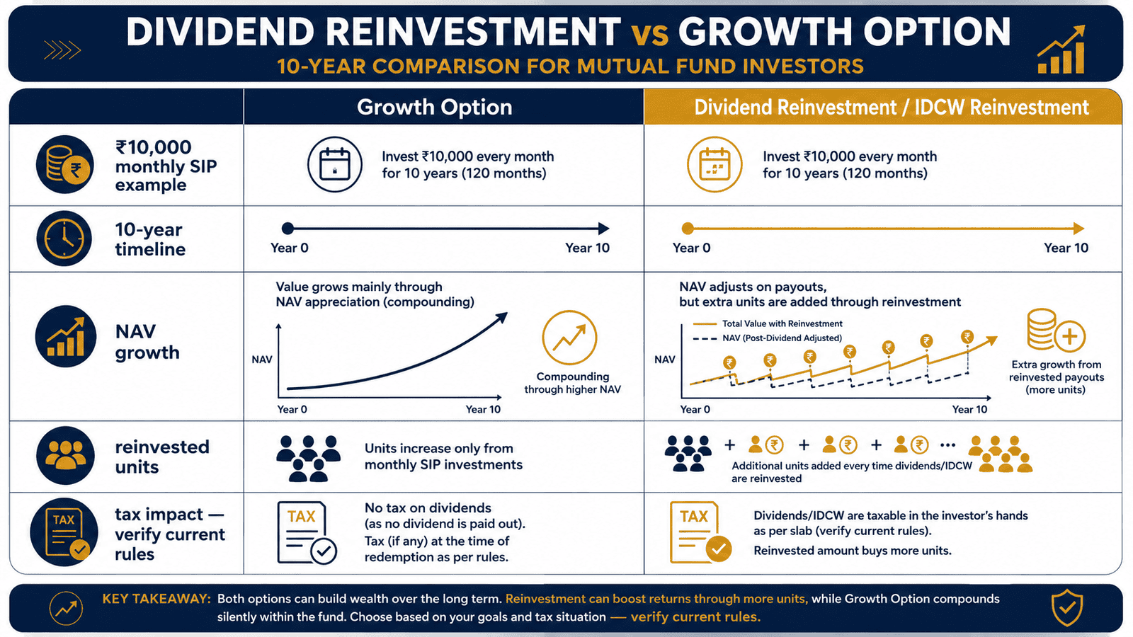 dividend reinvestment vs growth option 10 year infographic
