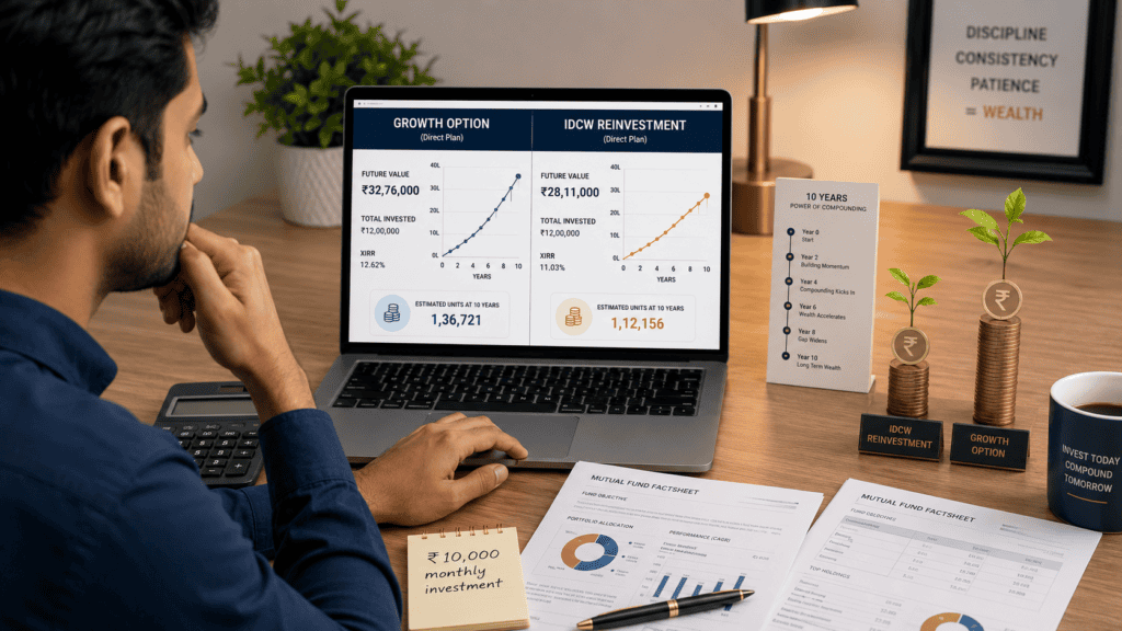 dividend reinvestment vs growth option mutual fund 10 year comparison